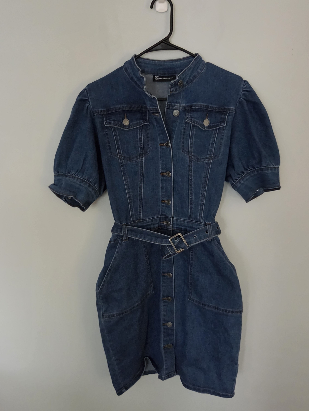 Denim Button-Front Belted Dress - Blue Size Medium